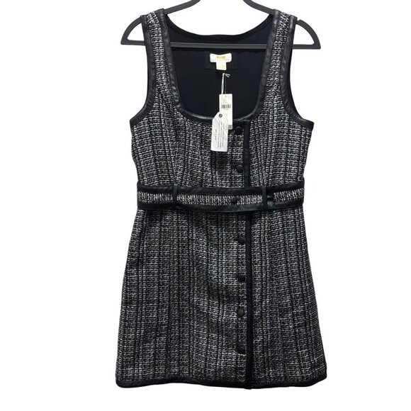 Maeve By Anthropologie Tweed Belted Mini Dress Size 12 Black & White Sleeveless - Picture 3 of 11
